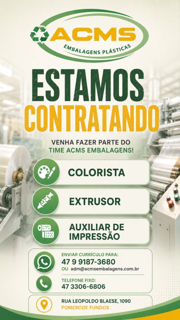 ACMS Embalagens abre vagas para colorista, extrusor e auxiliar de impressão em Pomerode