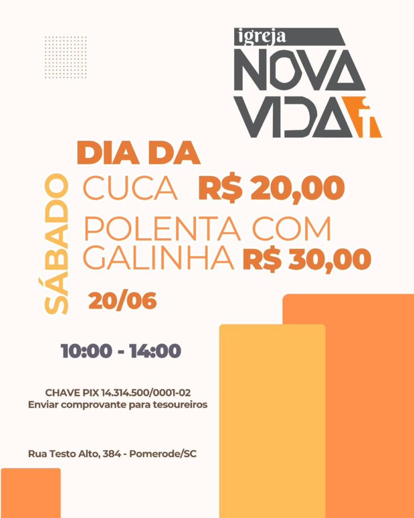 Igreja Nova Vida realiza bazar beneficente e venda de cuca e polenta com galinha em Pomerode